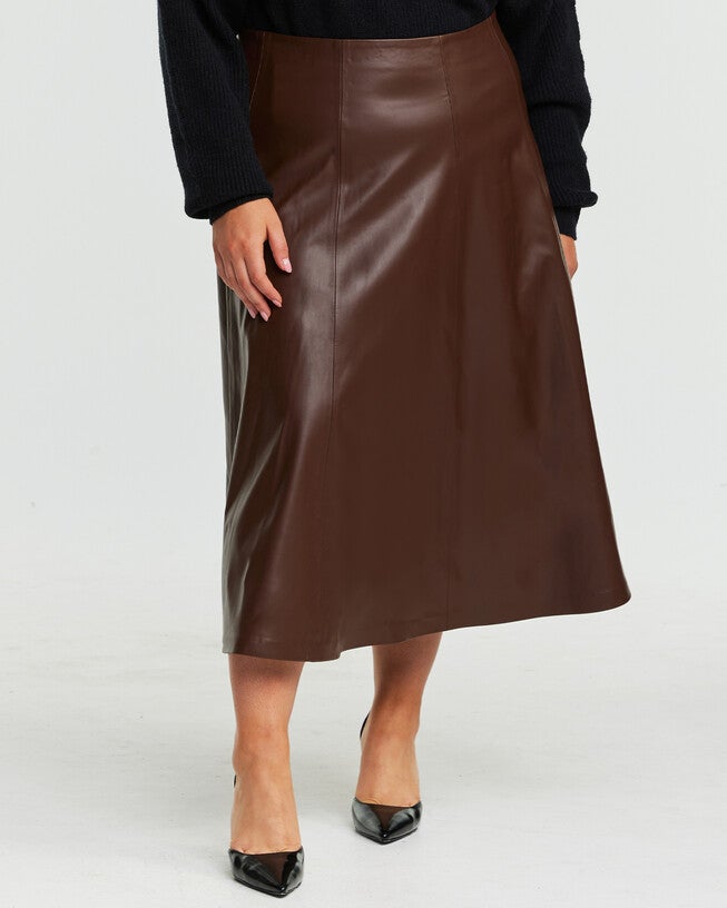 Ashdown PU Vegan Leather Midi Skirt, Chocolate / Brown, hi-res image number null