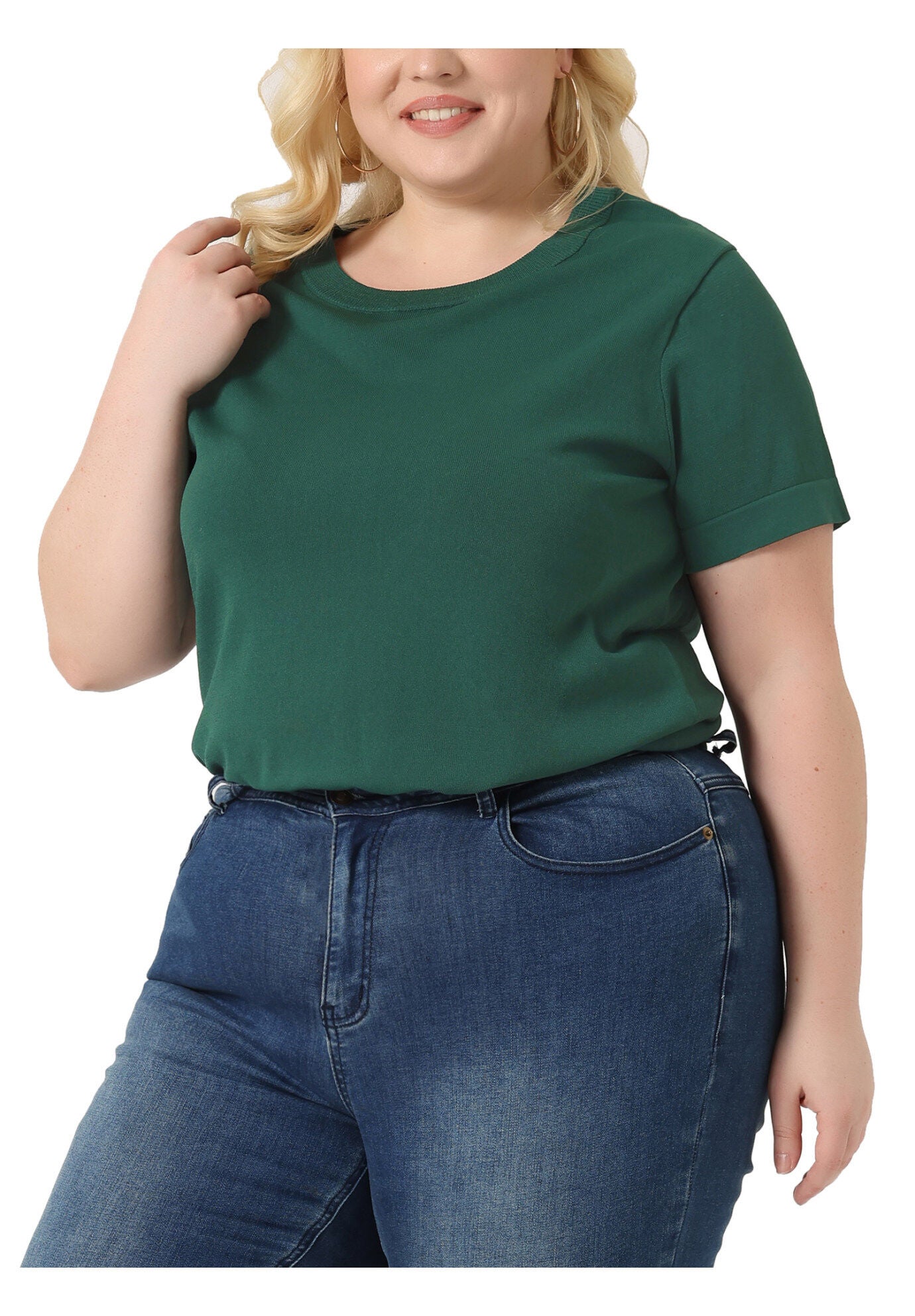 Short Sleeves Pullover Sweater Top, Green / Hunter Green, alternate image number 1