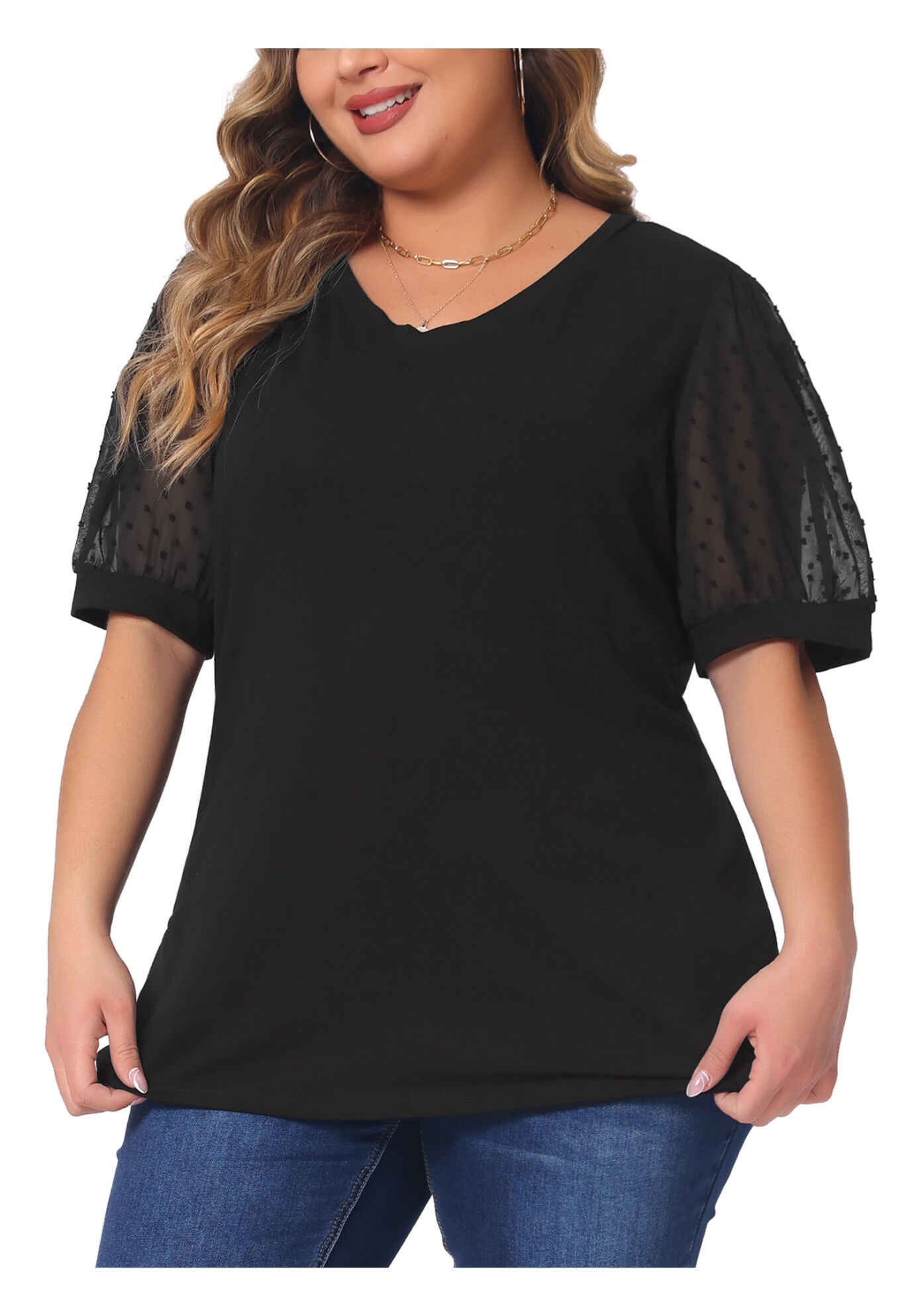 V Neck Swiss Dots Puff Sleeve Loose Top, Black / Black, alternate image number 2