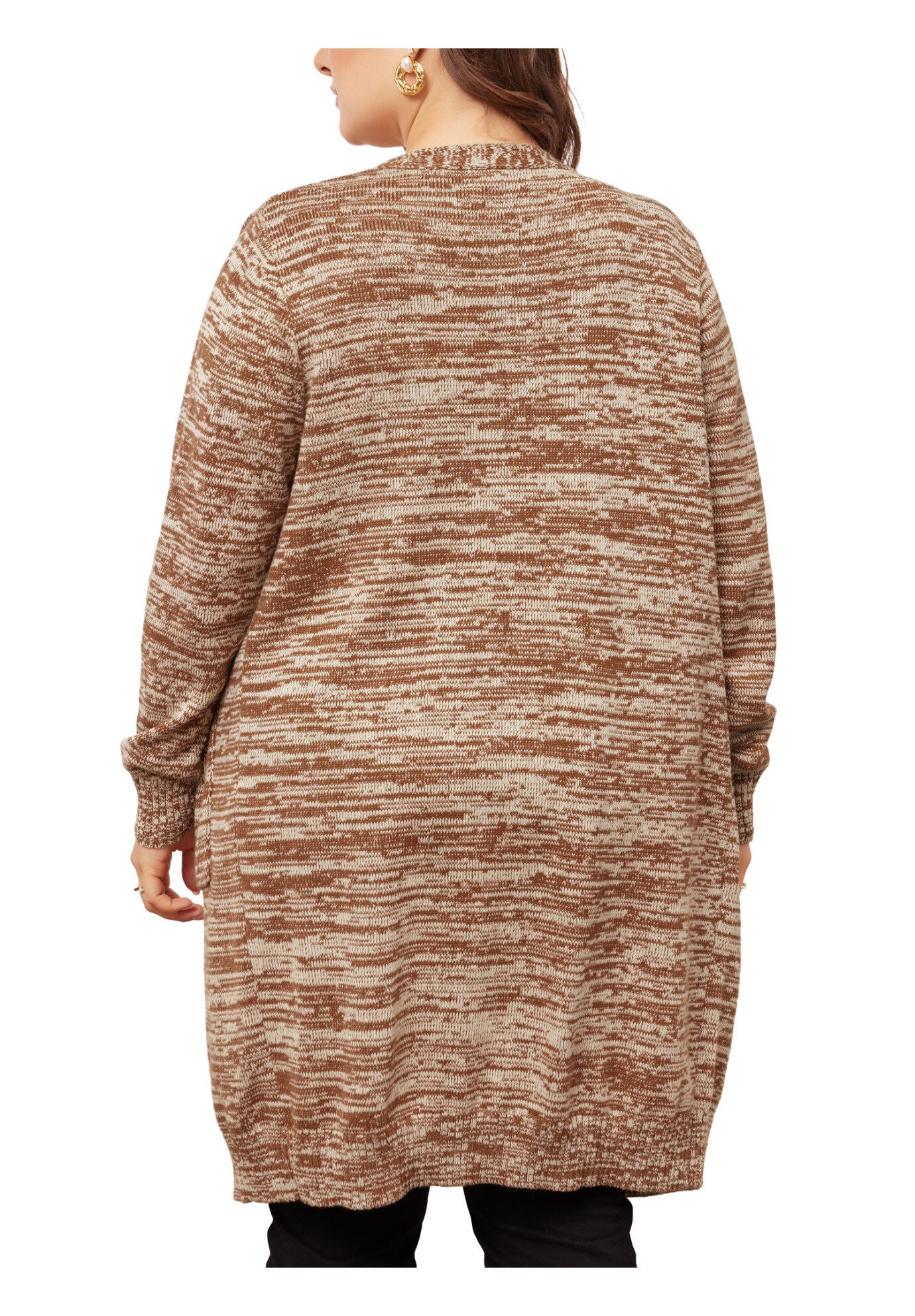 CONTRAST COLOR OPEN FRONT POCKETS SWEATER CARDIGAN, Brown / Brown, alternate image number 3