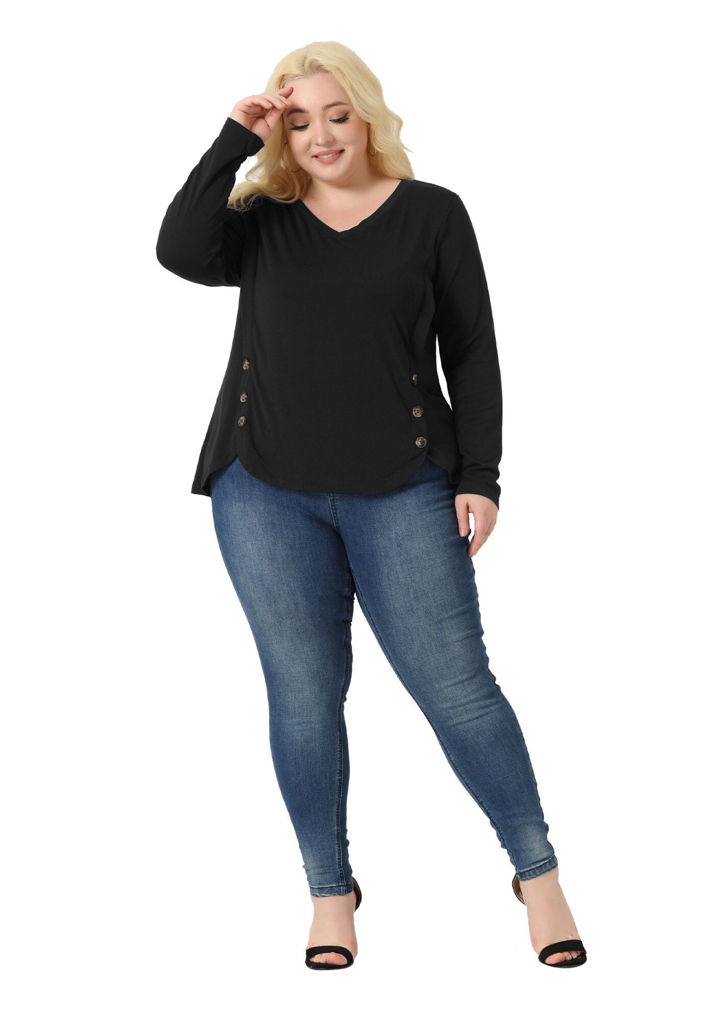 LONG SLEEVE TUNIC TOP V NECK LOOSE T SHIRT, Black / Black, hi-res image number 0