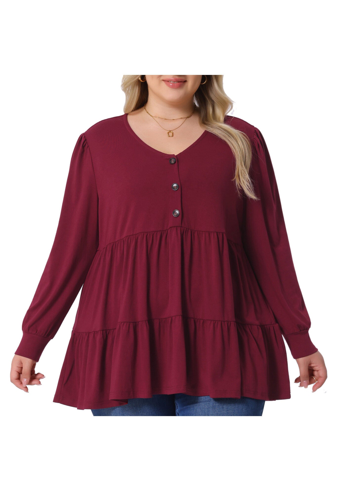 V Neck Long&nbsp;Sleeve&nbsp;Button Up Peplum Tunic Babydoll Top, Burgundy / Burgundy, alternate image number 2