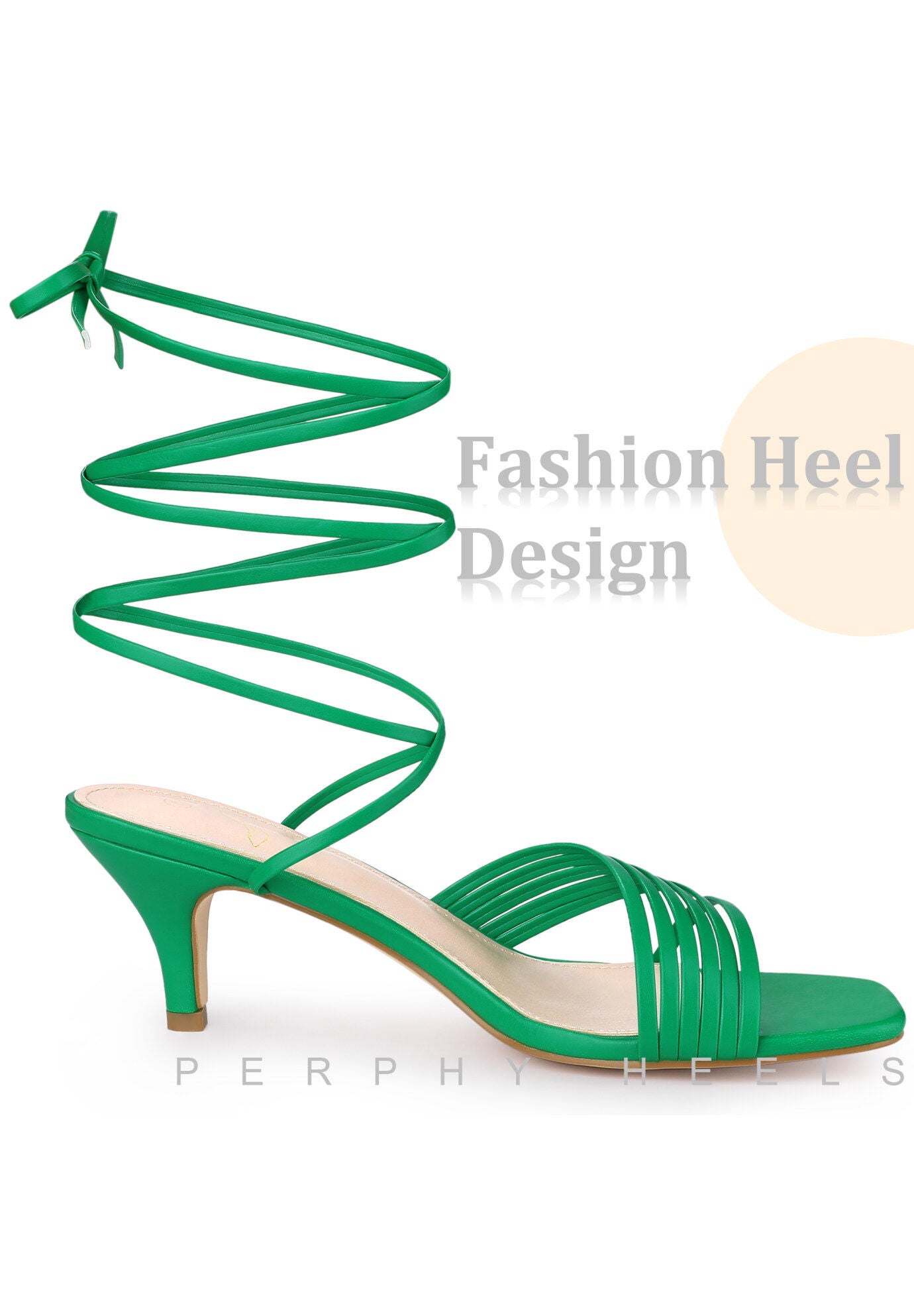 Lace Up Square Toe Strappy Kitten Heels Sandals, Green / Kelly Green, alternate image number 4