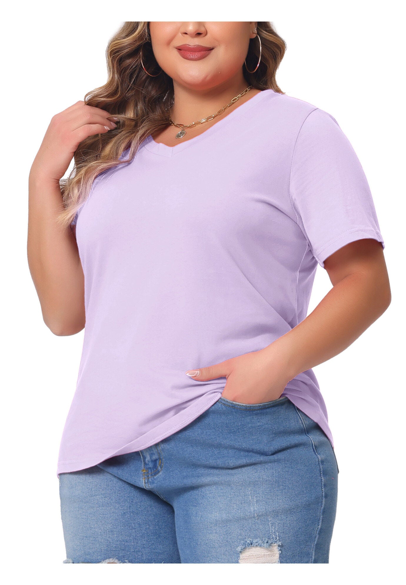 Short Sleeve V Neck Basic T-Shirt Top, Purple / Purple, alternate image number 1