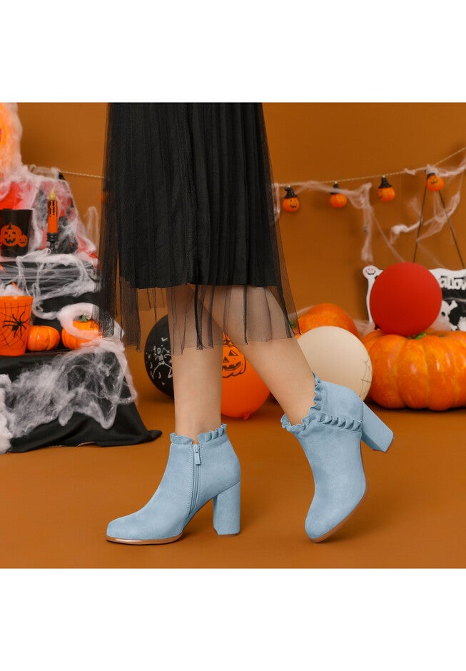 RUFFLE BLOCK HEEL ANKLE BOOTS, Sky Blue / Light Blue, alternate image number 4