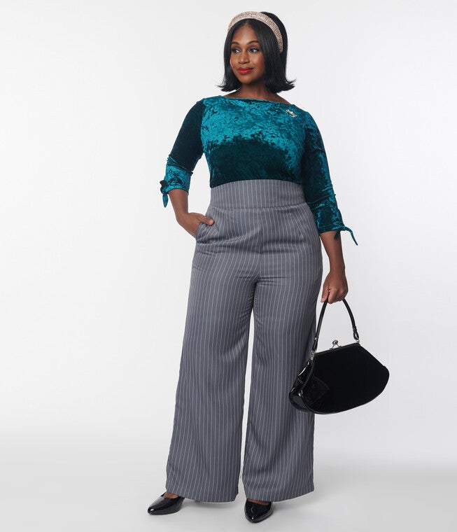 Unique Vintage Grey Pinstripe High Waist Pants, Grey Pinstripe / Cool Gray, hi-res image number null