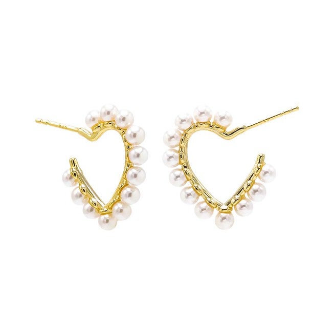 Pearl Rimmed Heart Shape Open Hoop Earring, Gold / Gold, hi-res image number null