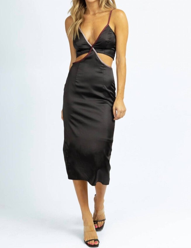 CONTRAST TRIM SATIN MIDI DRESS IN BLACK, Black / Black, hi-res image number 0