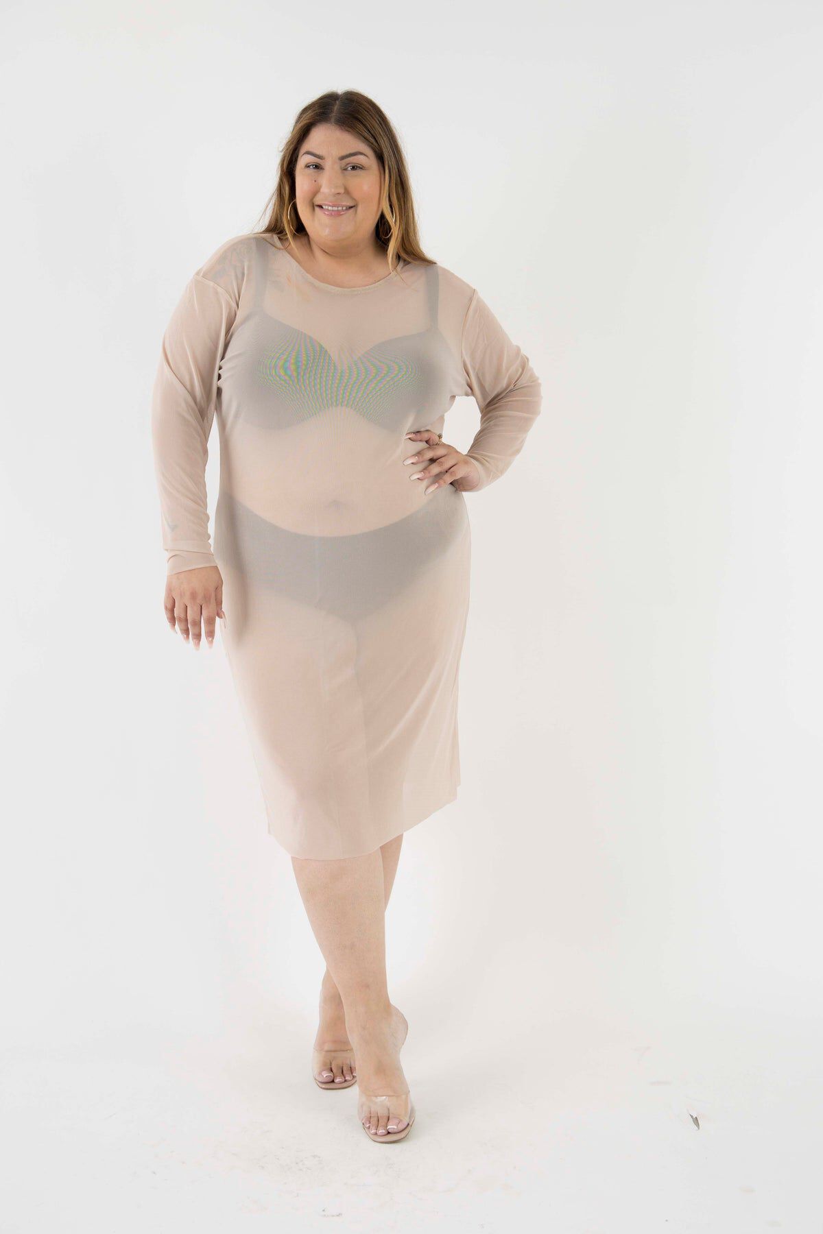 The Ghost Mesh Xray Dress with a Jewel Neckline, Nude / Beige, hi-res image number 0