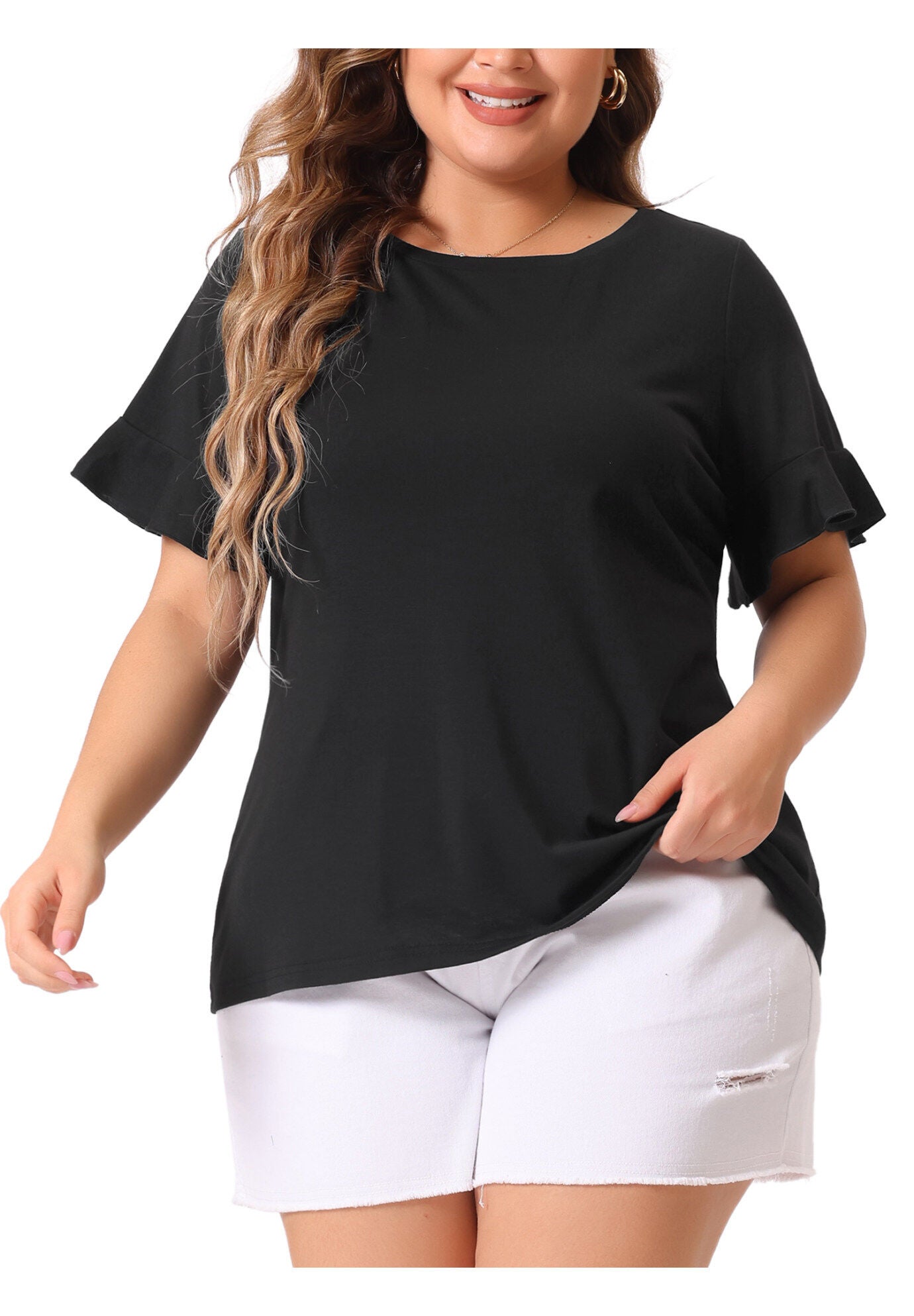 PLAIN CREW NECK RUFFLE SHORT SLEEVE TEE TOP, Black / Black, alternate image number 2