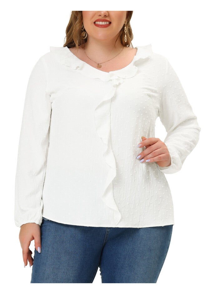 Swiss Dot Top Lantern Sleeve V Neck Casual Work Shirt Ruffle Blouse, White / White, alternate image number 2