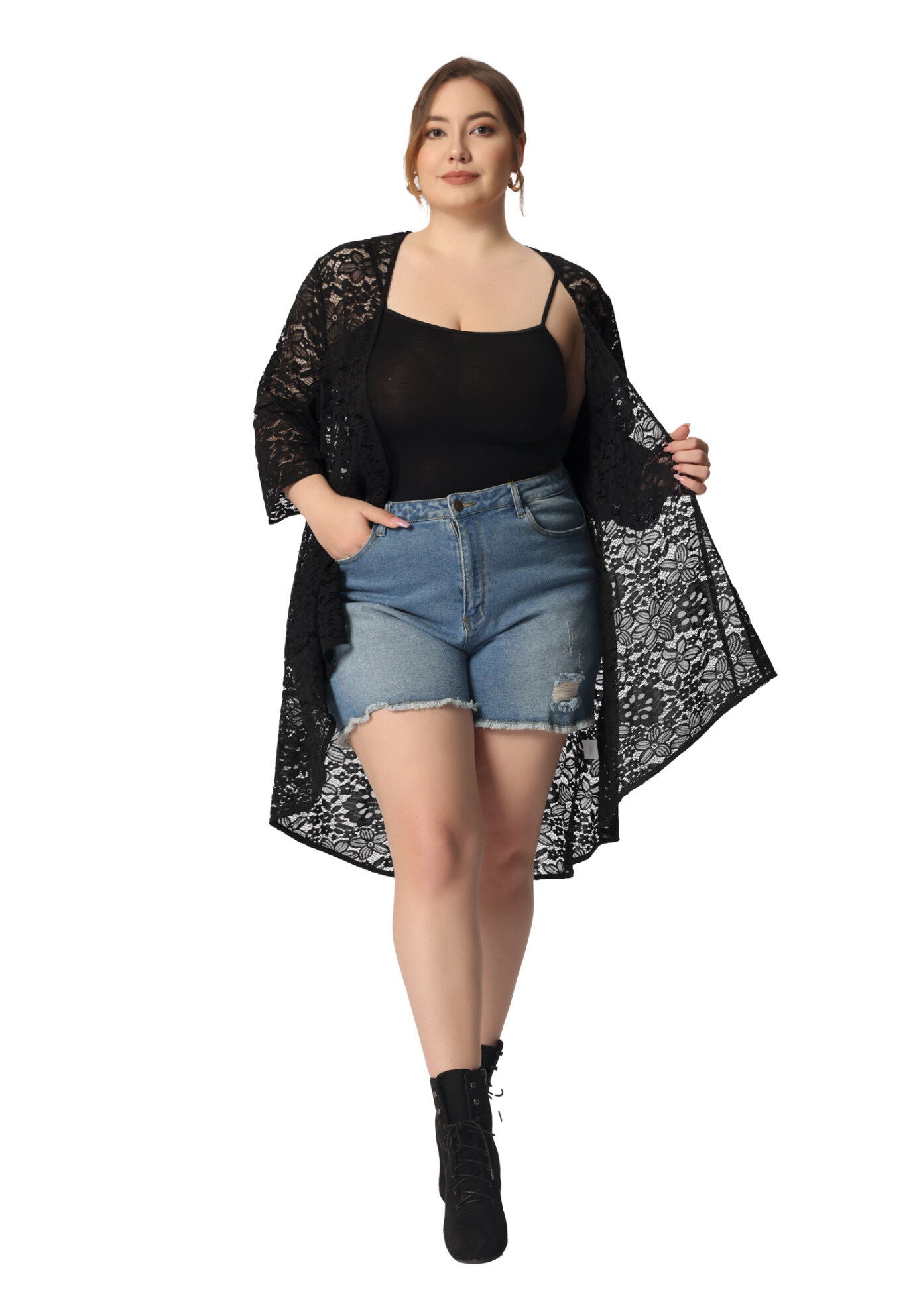 LIGHTWEIGHT 3/4 SLEEVE OPEN FRONT CROCHET LACE COVER UP, Black / Black, alternate image number 2