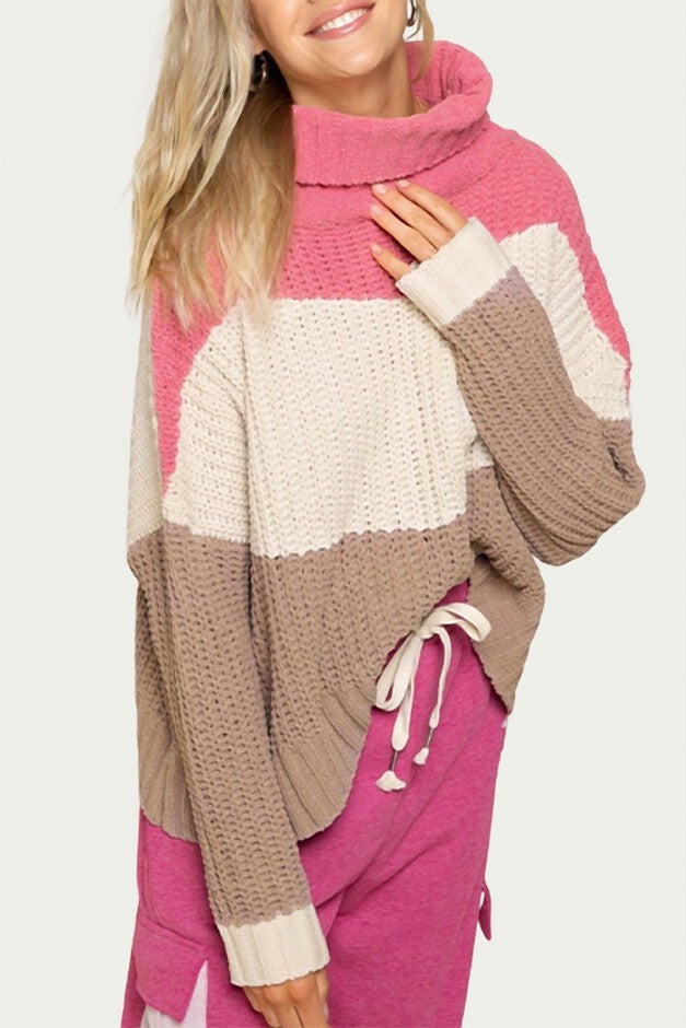TEXTURED COLORBLOCK TURTLENECK SWEATER IN BUBBLEGUM PINK MULTI, Bubblegum Pink Multi / Pink, hi-res image number 0