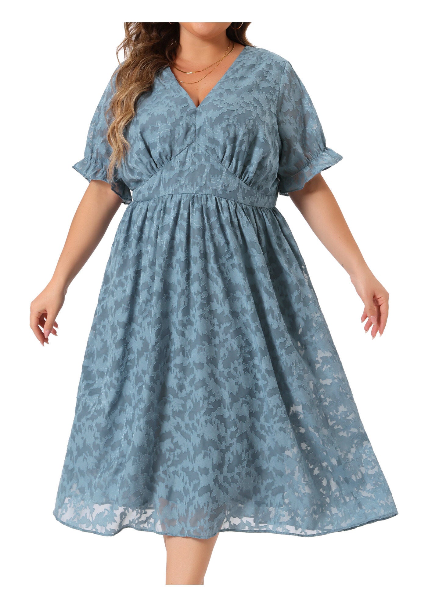 LACE FLORAL RUFFLE SHORT SLEEVE V NECK MIDI DRESS, Gray Blue / Dusty Blue, alternate image number 2