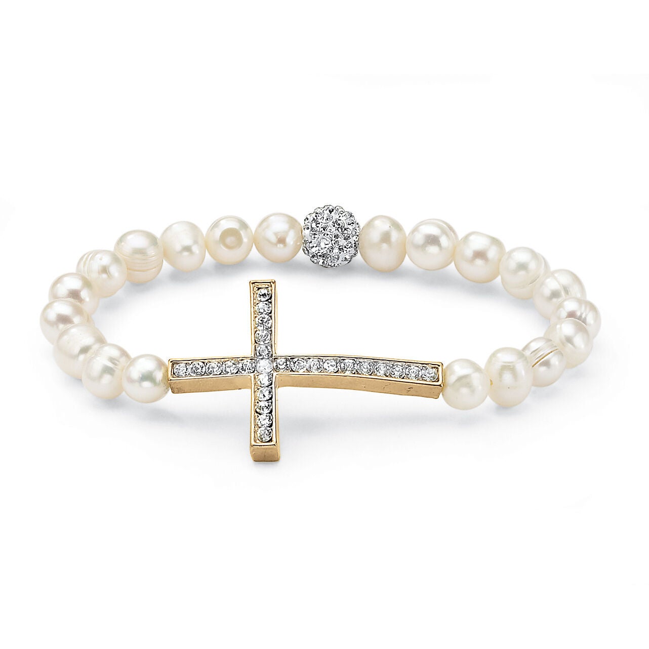 Genuine Cultured Pearl and Crystal Horizontal Cross Stretch Bracelet Goldtone, White / White, hi-res image number 0
