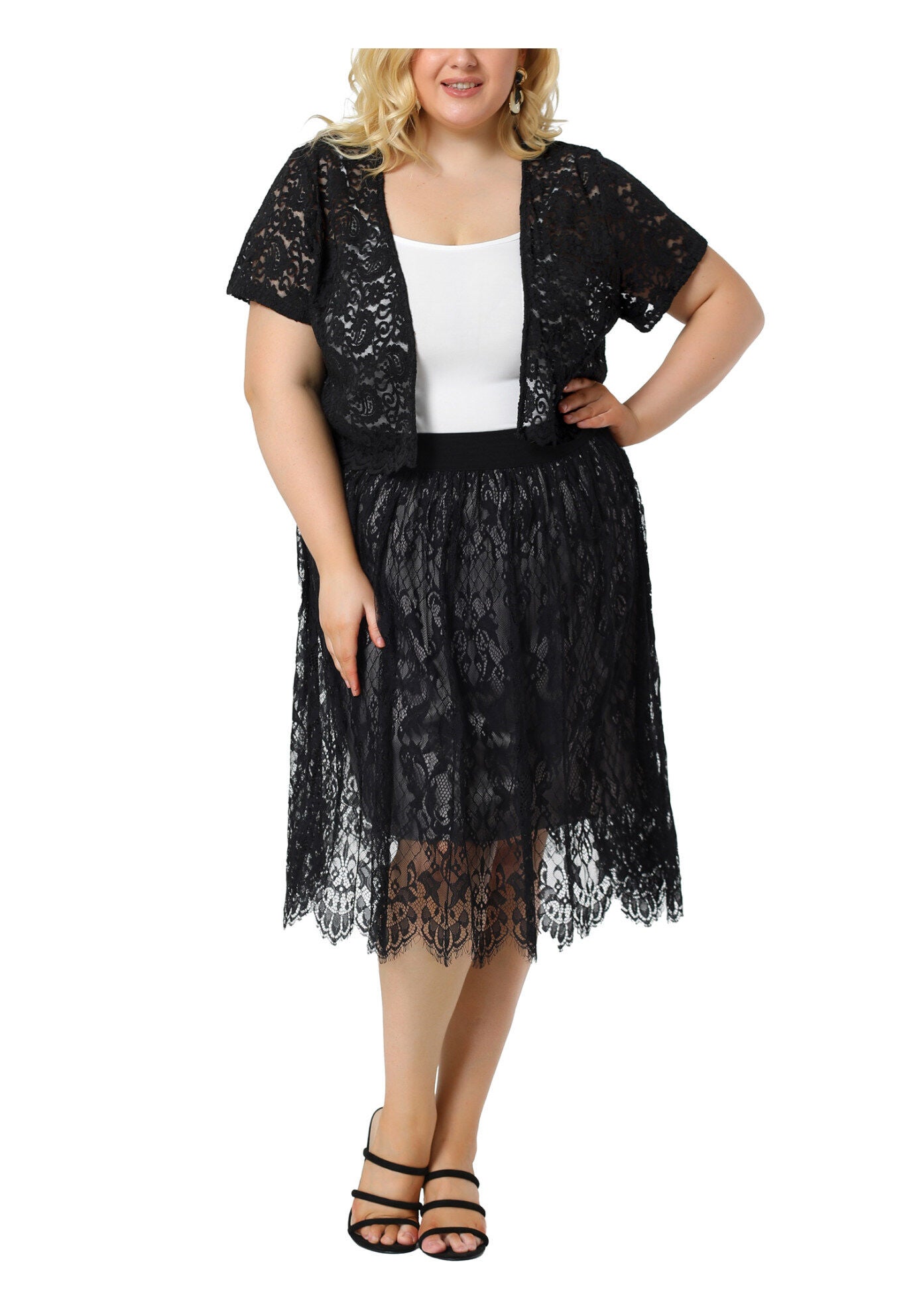 OPEN FRONT SHORT SLEEVE CROCHET LACE CROPPED BOLERO SHRUG CARDIGAN, Black / Black, alternate image number 4