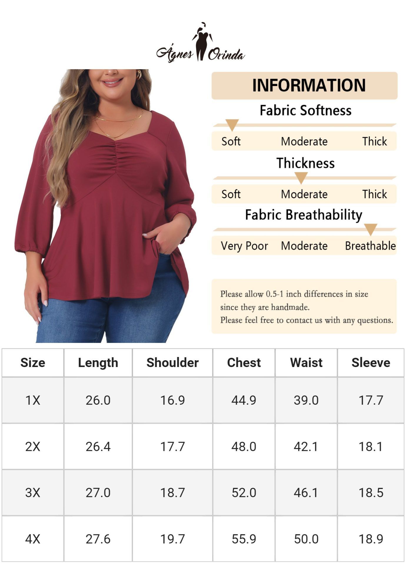 SWEETHEART V NECK ELBOW SLEEVE FRONT RUCHED PEPLUM BLOUSE, Burgundy / Red, alternate image number 4