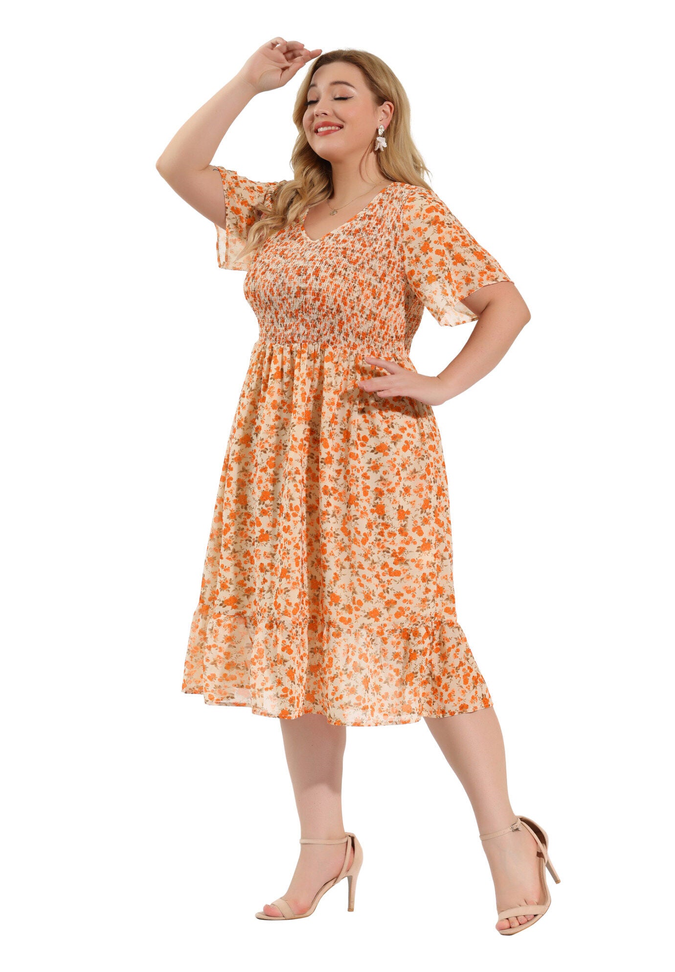 Flare Smock Ruffle Chiffon Floral Midi Dress, White / White, alternate image number 1