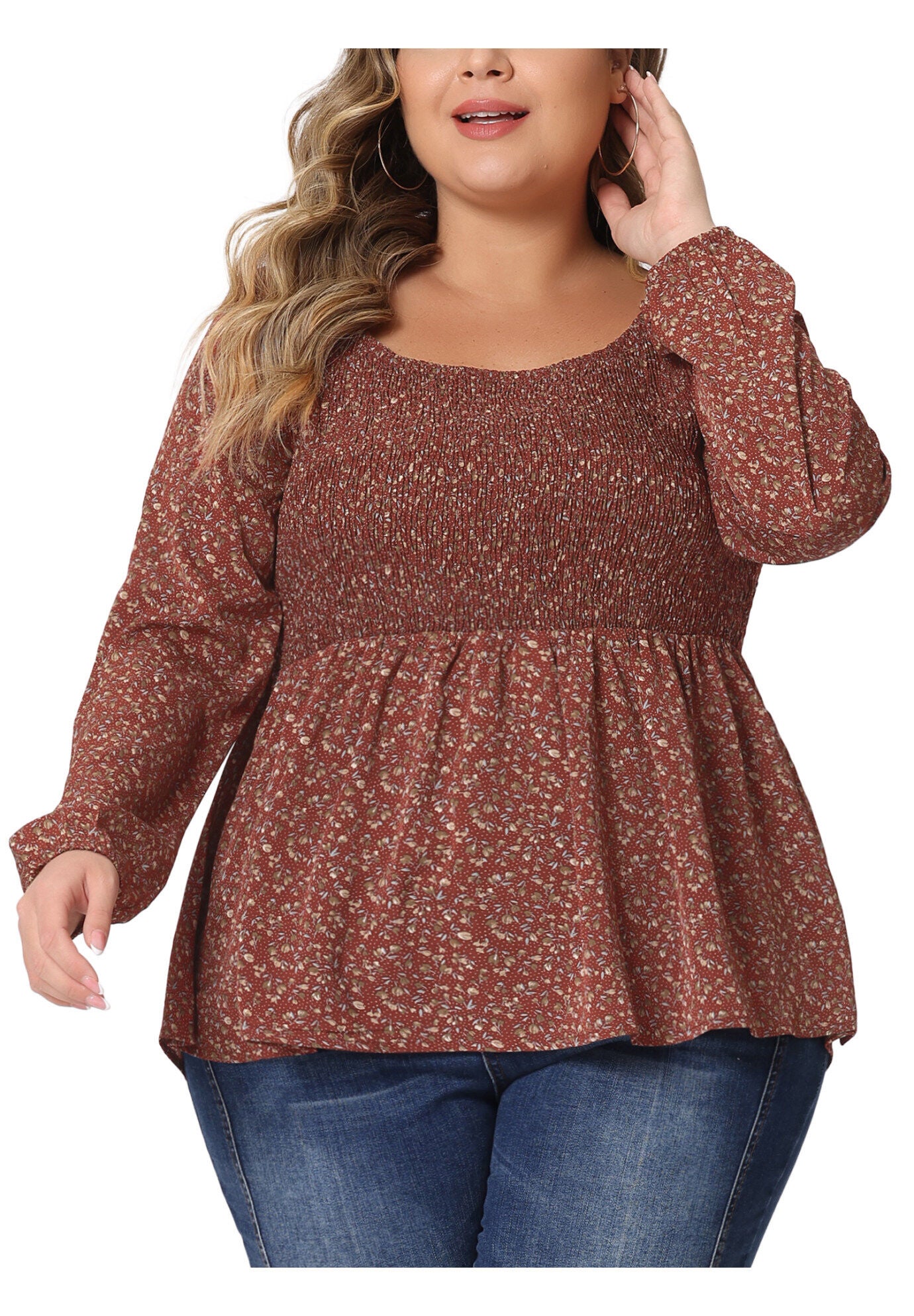 Floral Square Neck Smock Waist Peplum Top, Burgundy / Burgundy, alternate image number 2