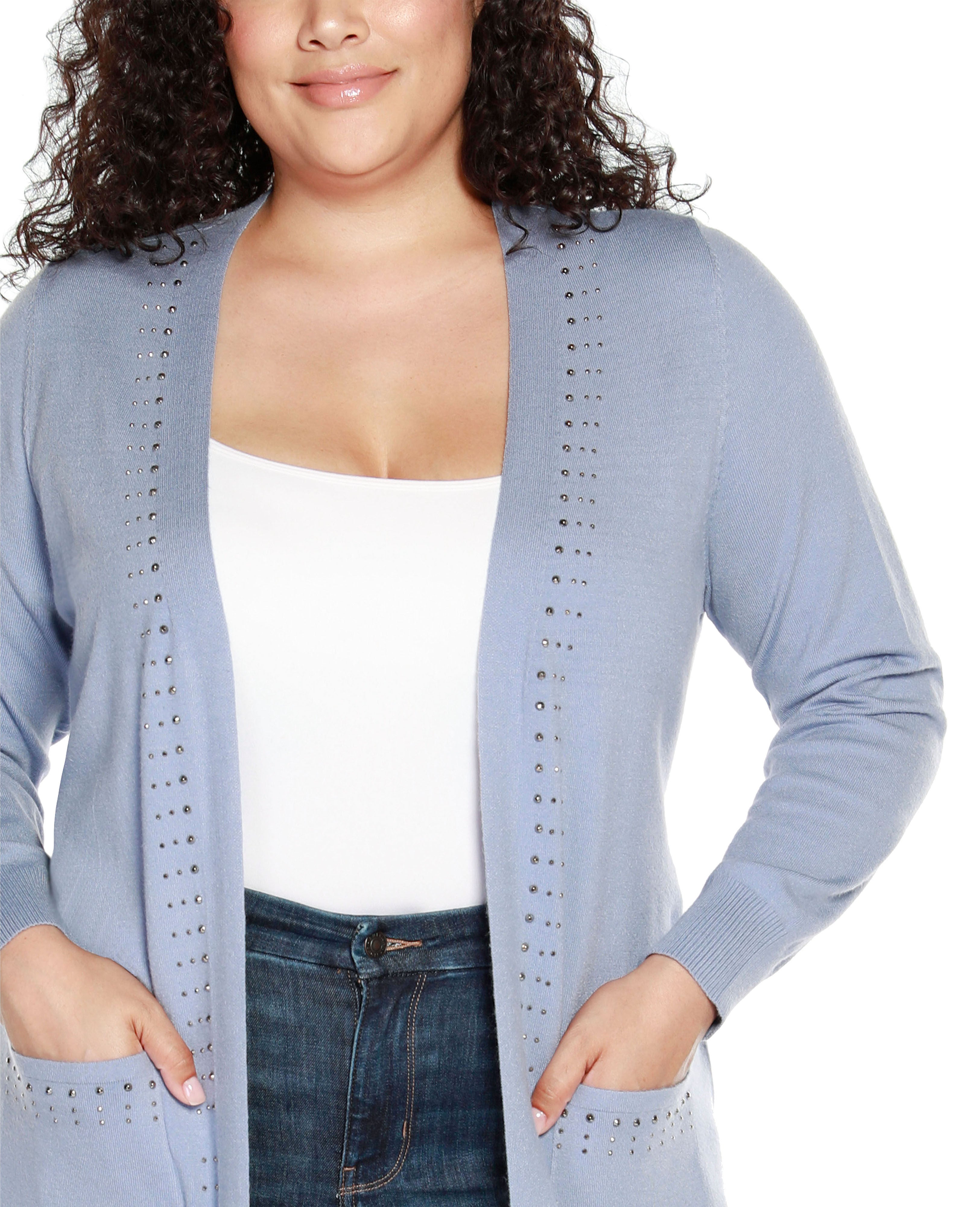 RHINESTONE-TRIM BELTED DUSTER CARDIGAN, Chambray / Dusty Blue, alternate image number 3