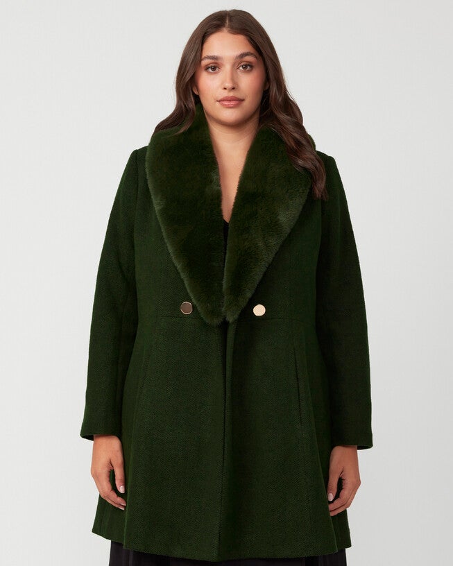 Grammys Beige Coat with Faux Fur Removable Collar, Olive / Olive Green, hi-res image number null