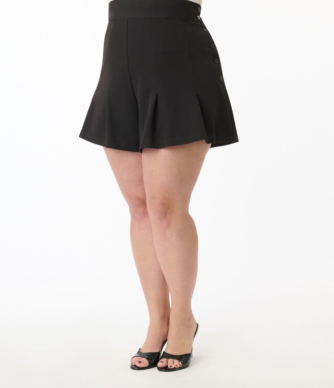 Unique Vintage Plus Size Black Joyce Shorts, Black / Black, alternate image number 1