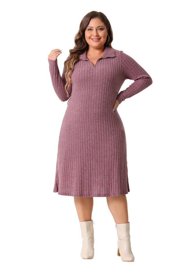 Ribbed Sweater Half Zip Front Tie Waist Knit Midi Dress with Belt, Purple / Purple, hi-res image number 0