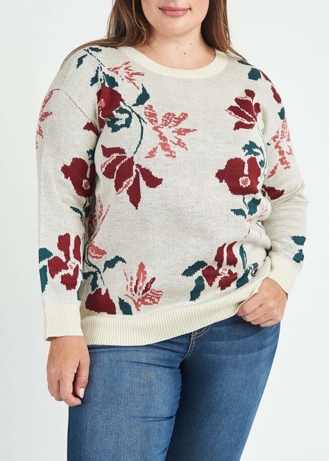 Casey Floral Knit Pullover Sweater, L490 Antique Ivory / Ivory, hi-res image number null
