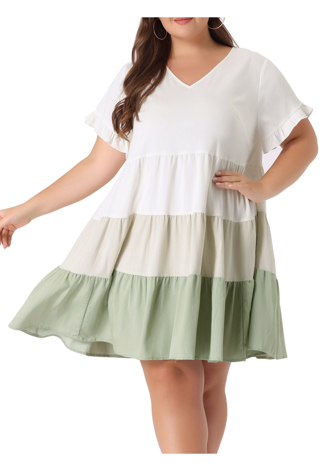 Babydoll Ruffle Short Sleeve Chambray Mini Dress, Green / Light Green, alternate image number 2