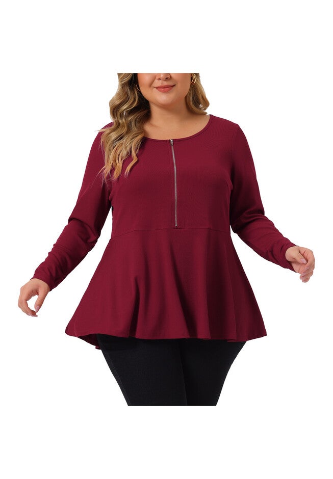 Long Sleeve Half Zip Up Low Cut Ruffle Babydoll Peplum Top, Burgundy / Burgundy, alternate image number 1