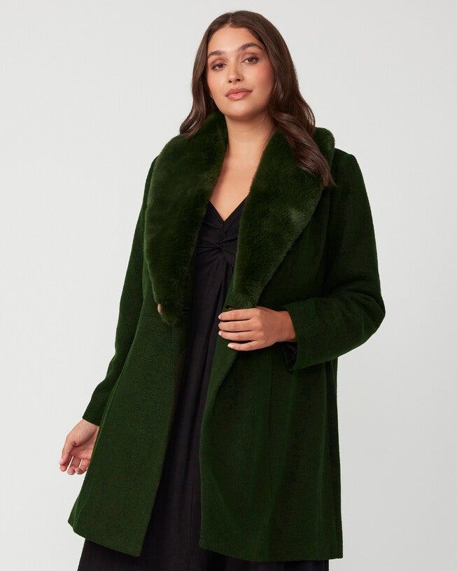 Grammys Beige Coat with Faux Fur Removable Collar, Olive / Olive Green, alternate image number null