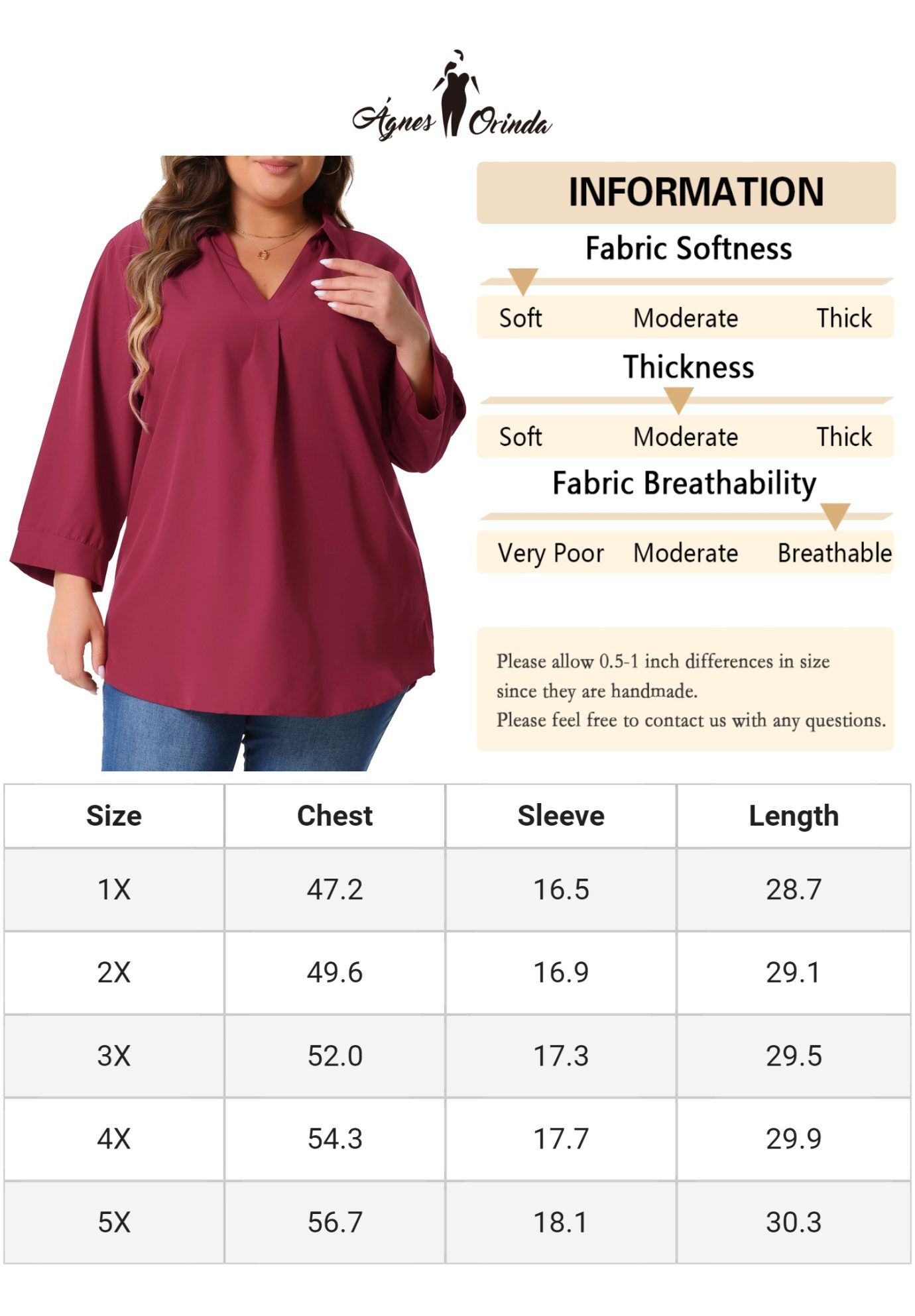 V Neck 3/4 Sleeve Flowy Blouse Work Chiffon Shirt, Burgundy / Burgundy, alternate image number 4