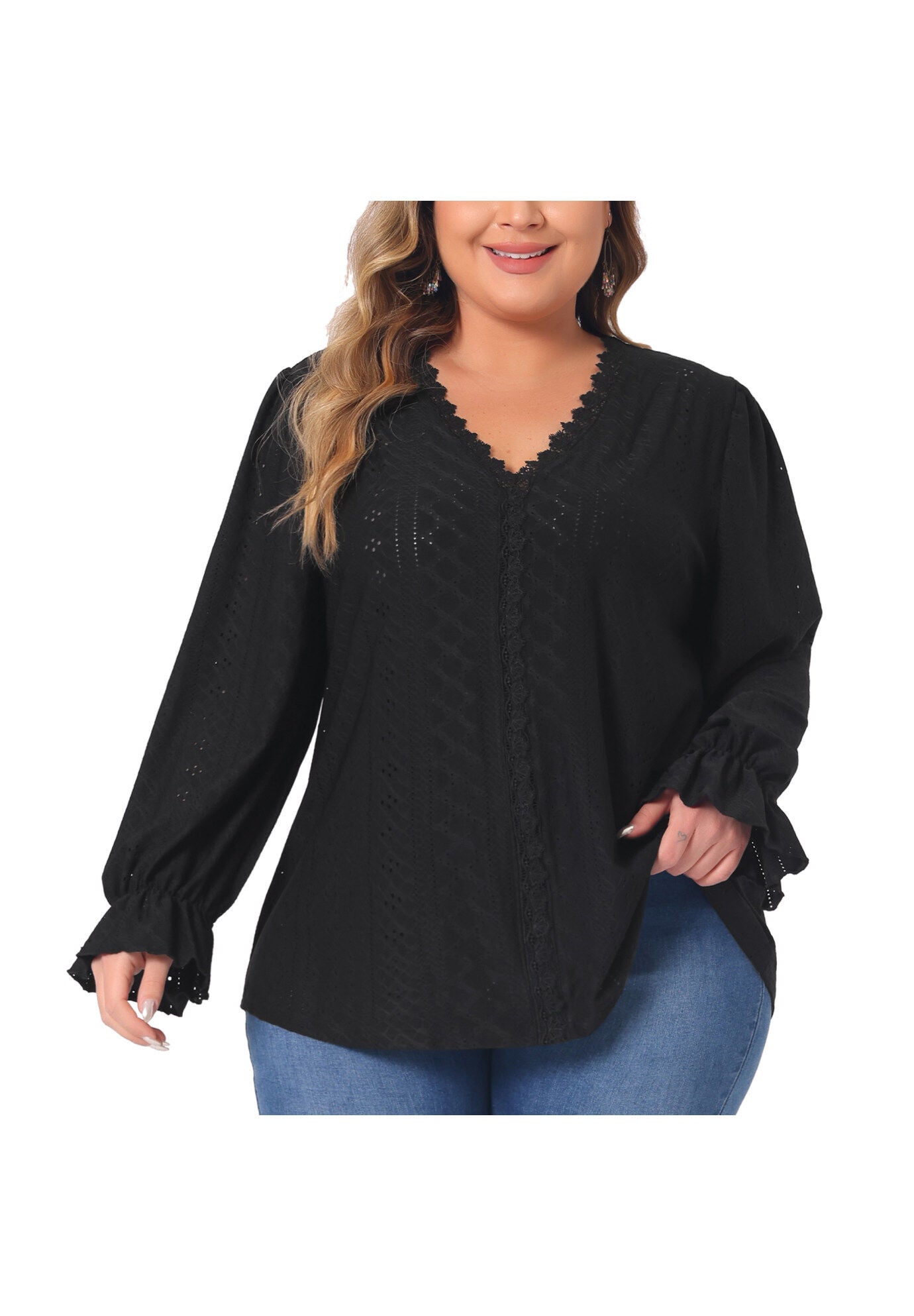 V Neck Ruffle Eyelet Lace Crochet Hollow Blouse, Black / Black, alternate image number 1