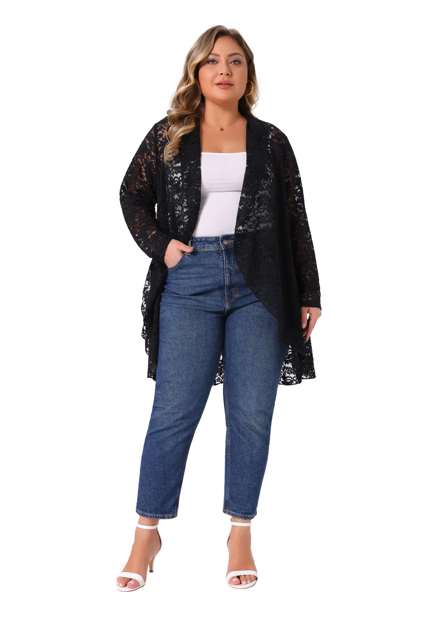 Long Sleeve Sheer Crochet Lace Cover Up, Black / Black, hi-res image number 0