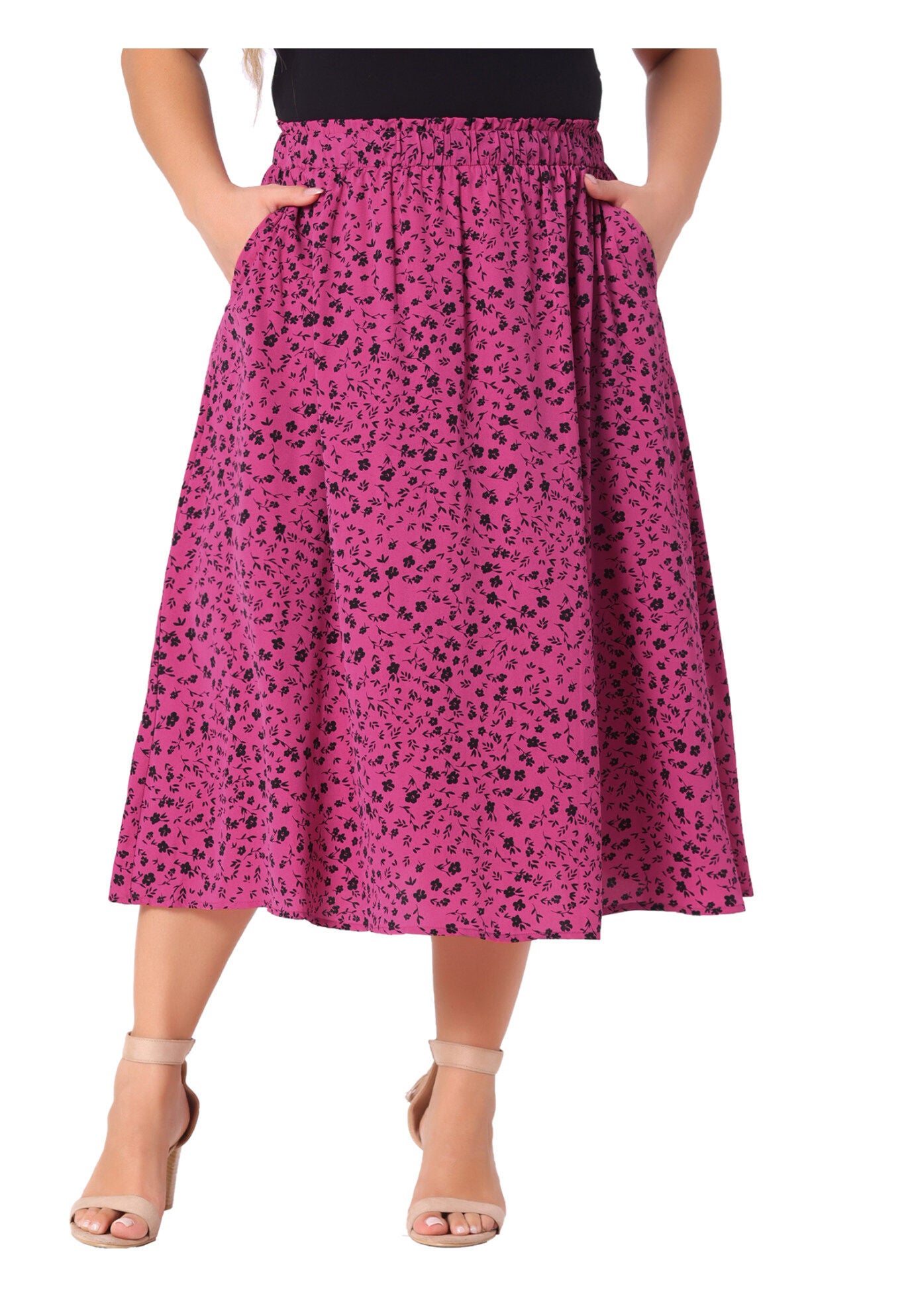 Printed Chiffon Elastic Waist Flowy Midi Skirt with Pockets, Hot Pink / Pink, alternate image number 1