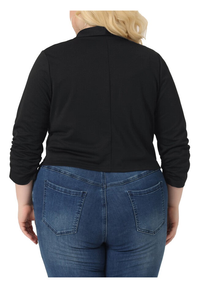 3/4 RUCHED SLEEVE LIGHTWEIGHT BLAZER JACKET, Black / Black, alternate image number 3