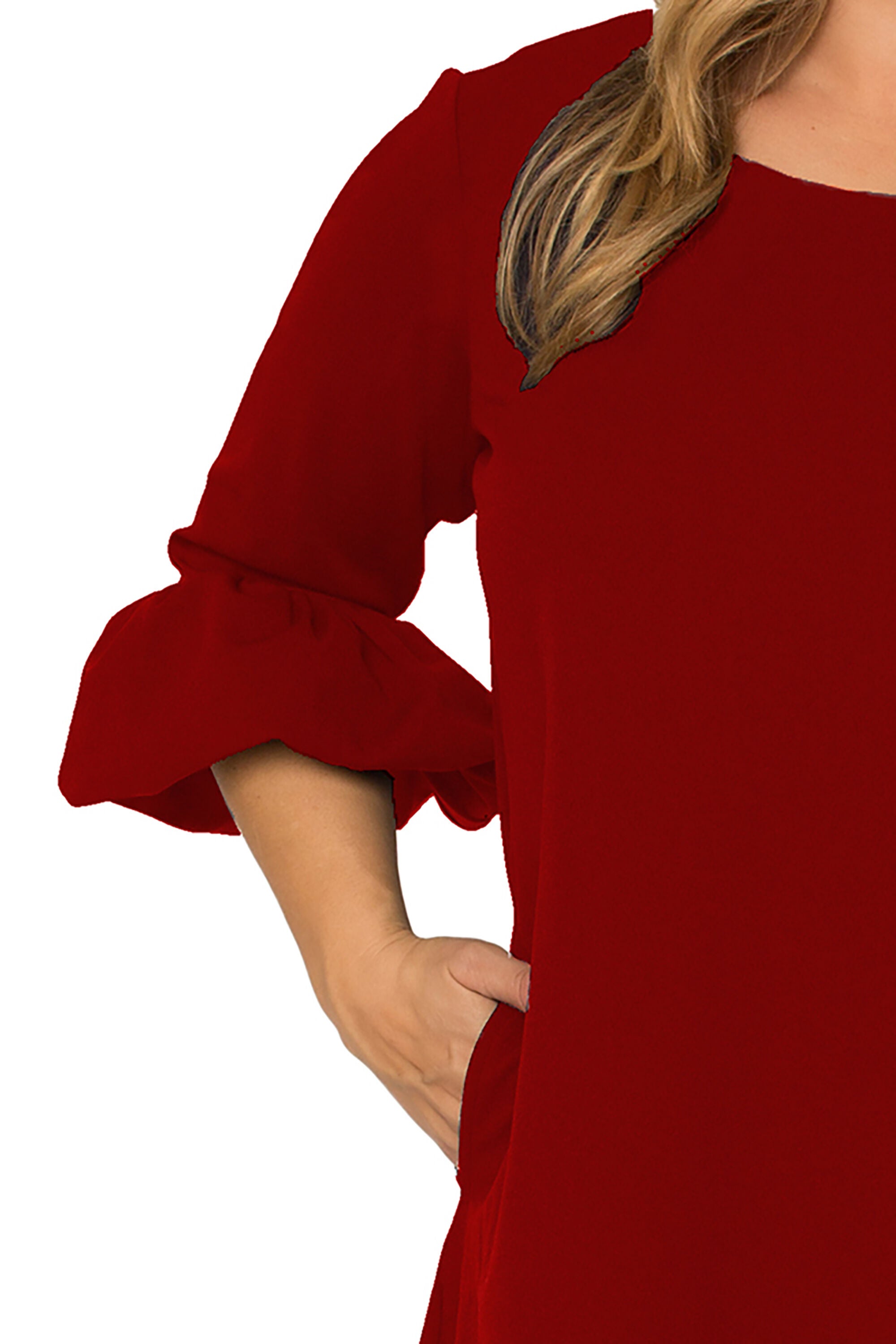 Plus Size Women&#39;s Crepe Knit 3/4 Balloon Sleeves Midi Shift Dress, Brick / Red, alternate image number 3