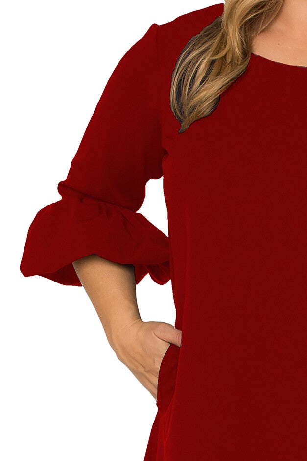 Plus Size Women's Crepe Knit 3/4 Balloon Sleeves Midi Shift Dress, Brick / Red, alternate image number 3