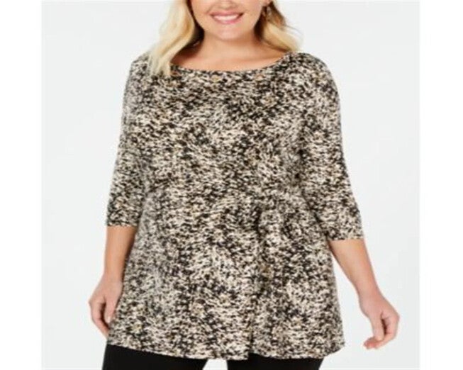 Belldini Women's Plus Printed Tie Waist Tunic Top Black Size 1X, Black / Black, hi-res image number 0