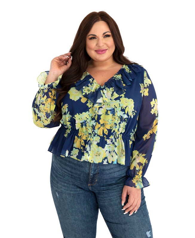 Ruffle V Neck Blouse, Navy / Navy, hi-res image number null