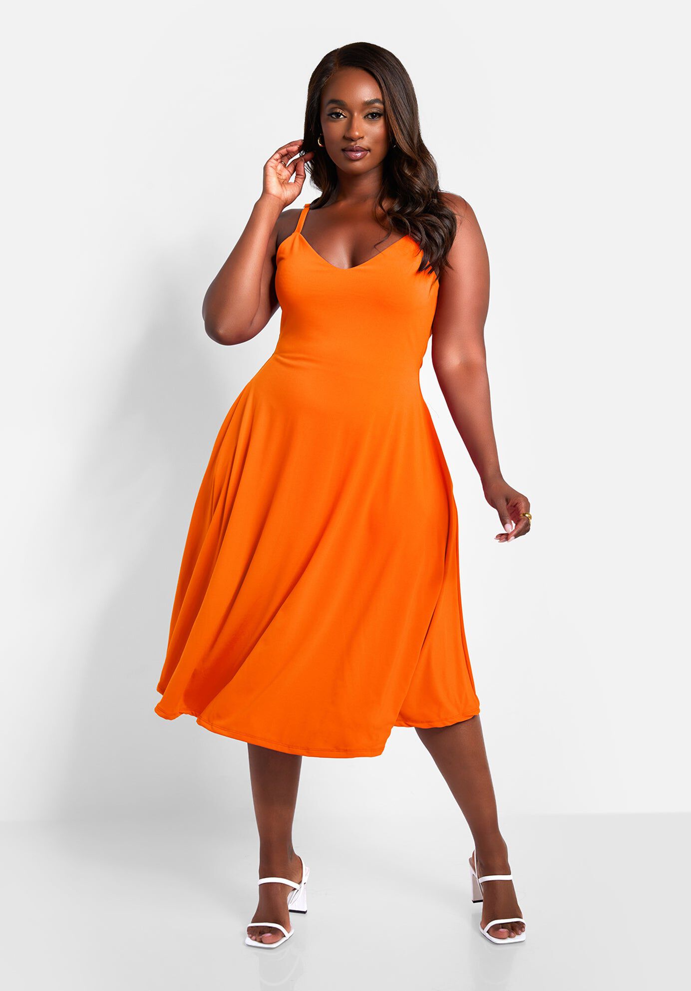 Essential V Neck Strappy Midi Skater Dress, Orange / Orange, alternate image number 3