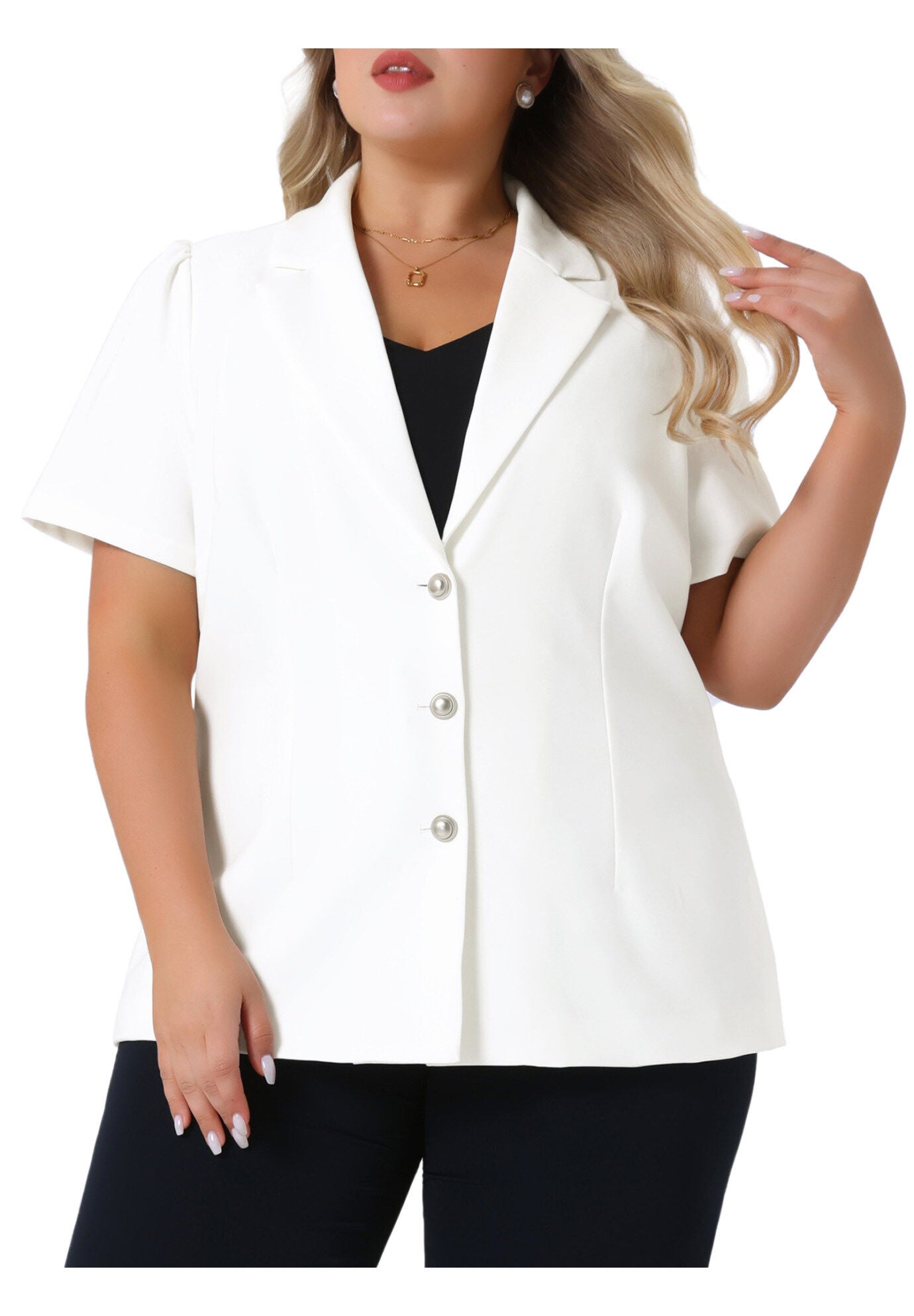 Notched Lapel Short Puff Sleeve Blazer Jackets, White / White, alternate image number 1