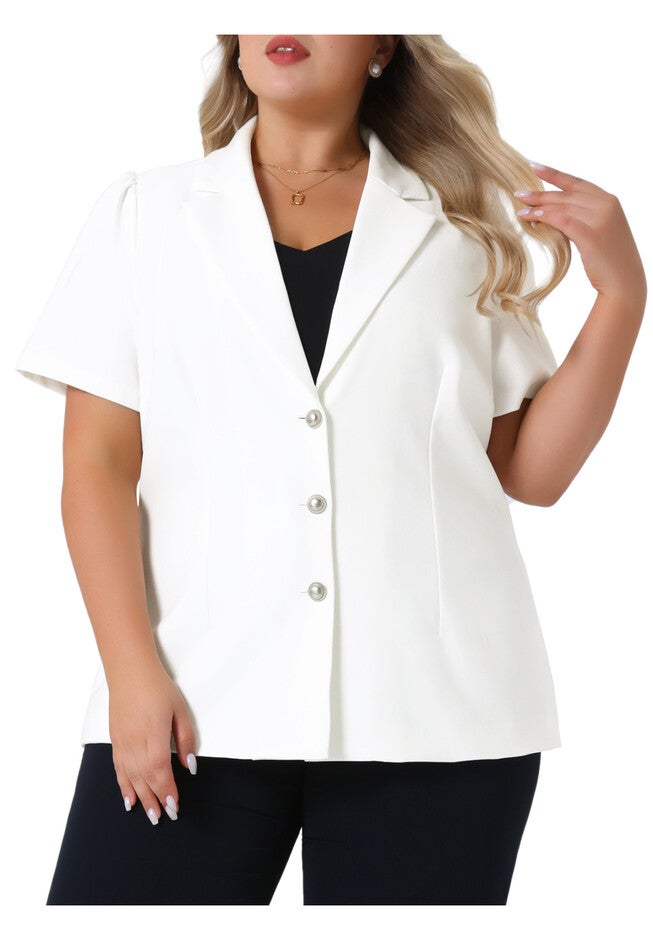 Notched Lapel Short Puff Sleeve Blazer Jackets, White / White, alternate image number 1