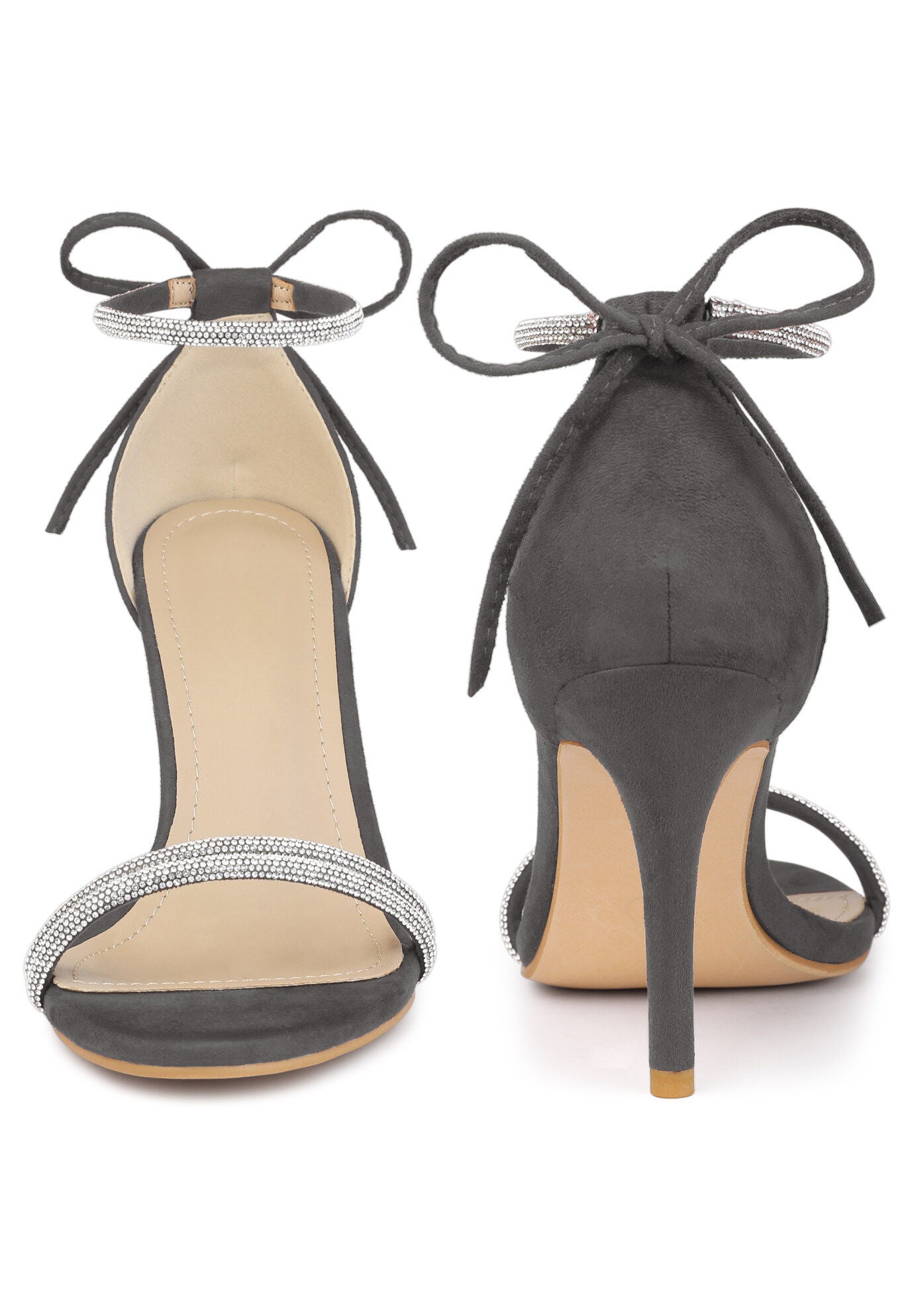 Rhinestone Ankle Tie Stiletto Heels Sandals, Gray / Warm Grey, alternate image number 3