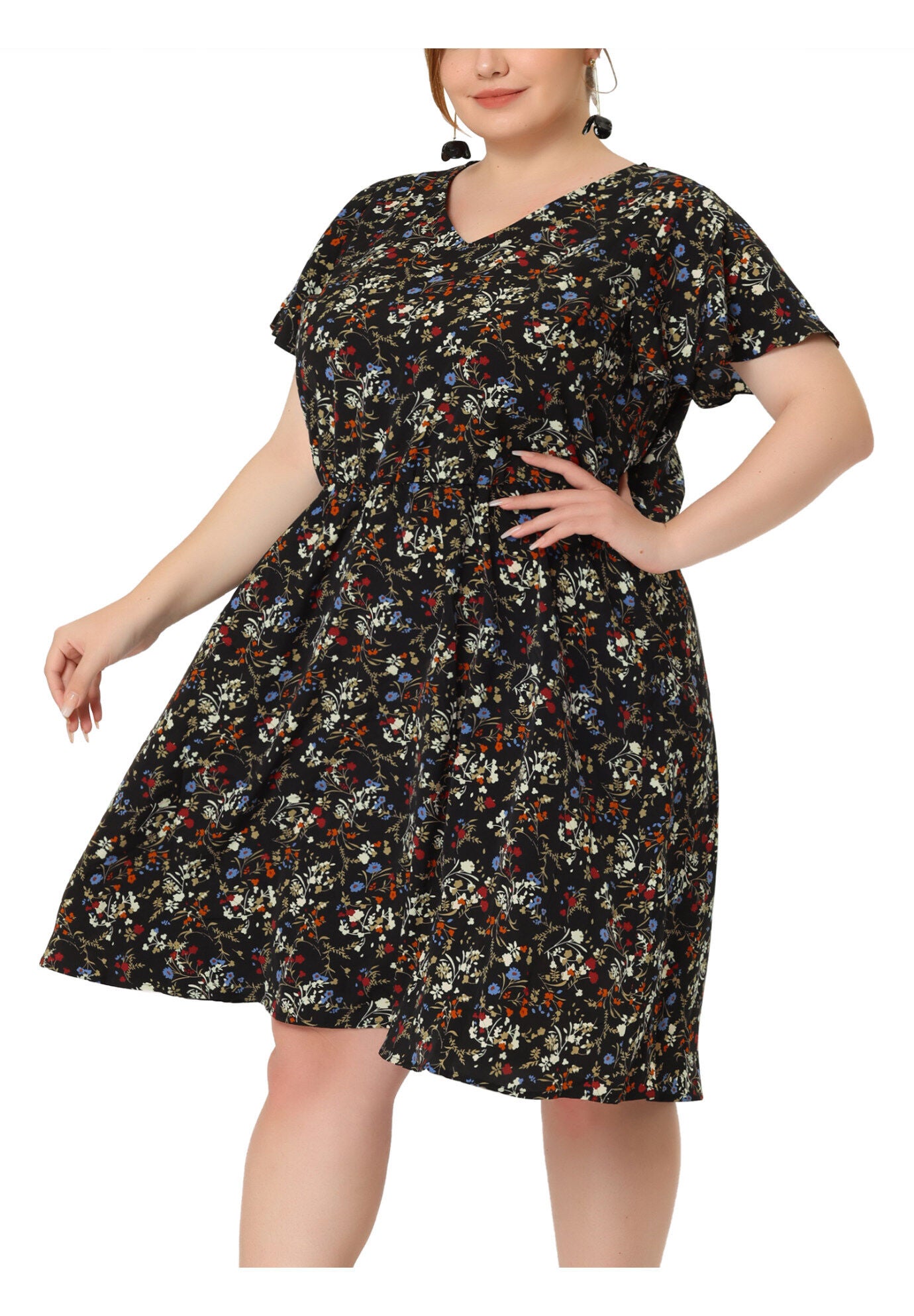 Summer V Neck Flare Sleeve Peplum Midi Ruffle Dress, Black / Black, alternate image number 2