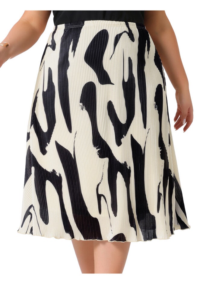 Print Pleated High Waisted A-Line Midi Skirt, Black / Black, alternate image number 1