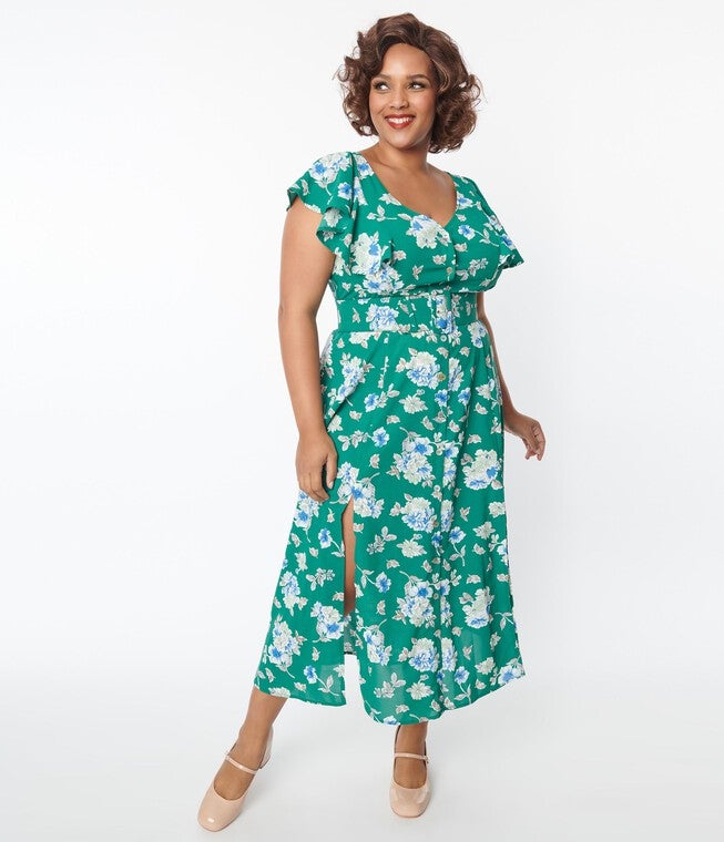 Unique Vintage Green Floral Flutter Sleeve Midi Dress, Green Floral / Turquoise, alternate image number null