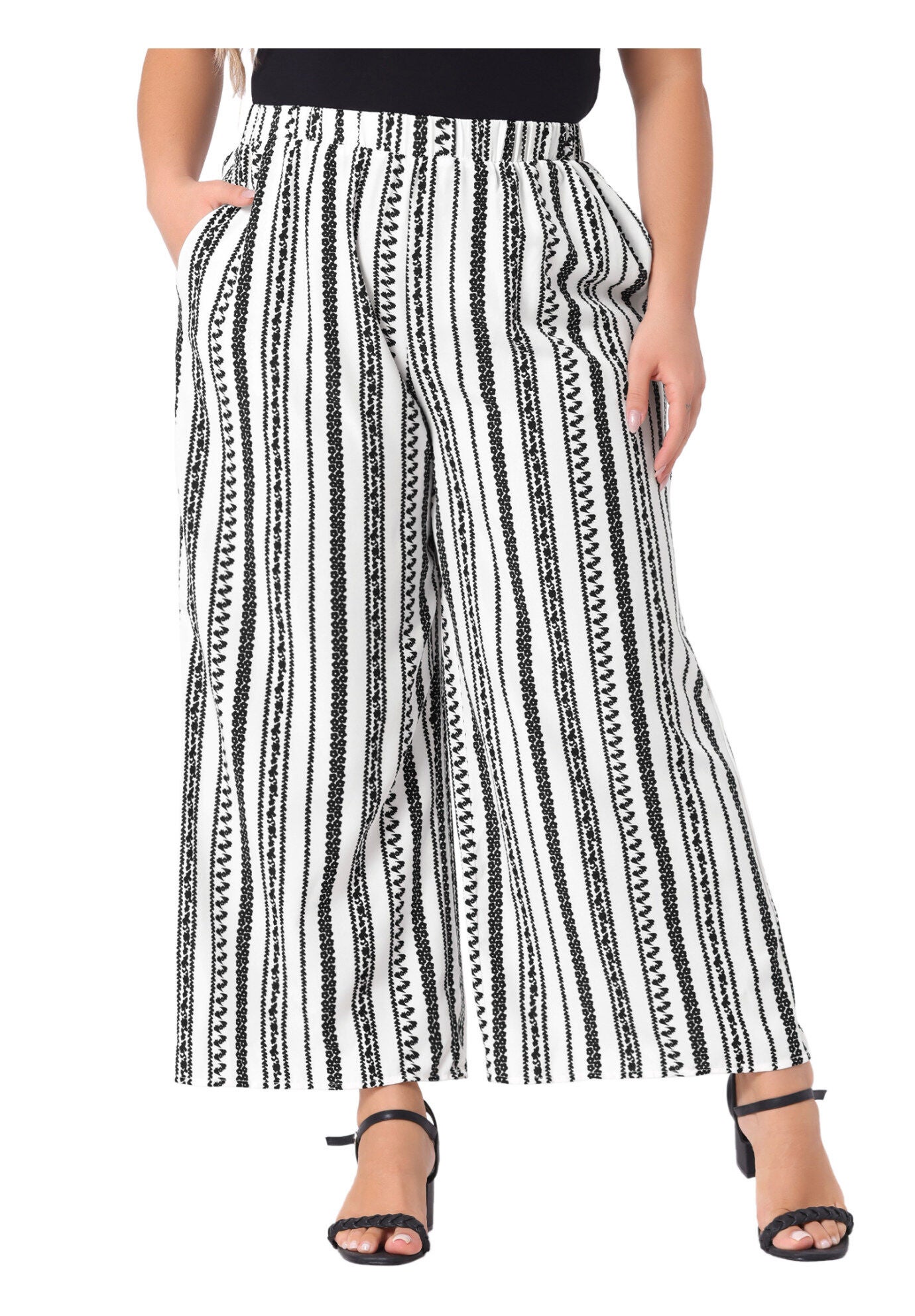 STRIPE BOHO WIDE LEG PAPER BAG PALAZZO PANTS, White Black / White, alternate image number 2