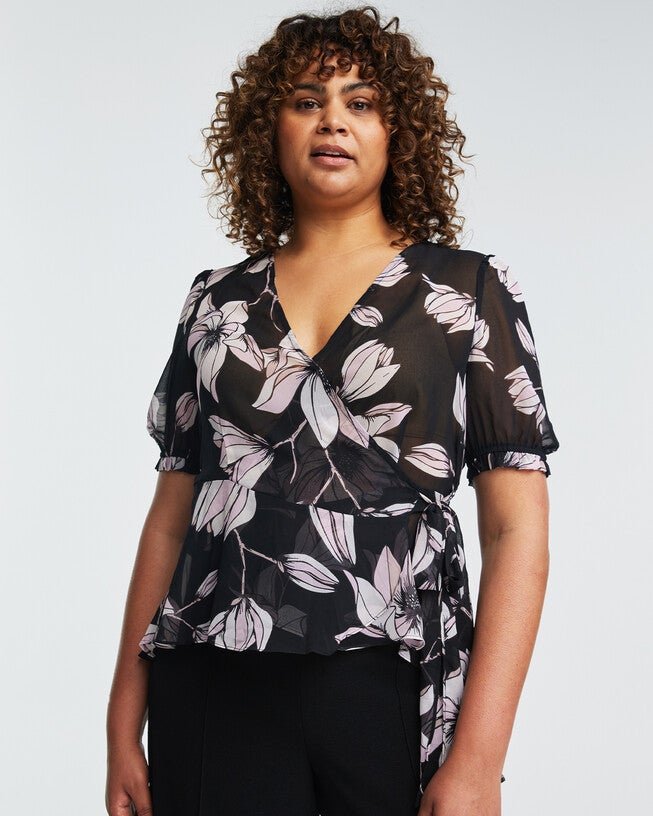 Azalea Black Floral Faux-Wrap Top, Print / Black, alternate image number 2
