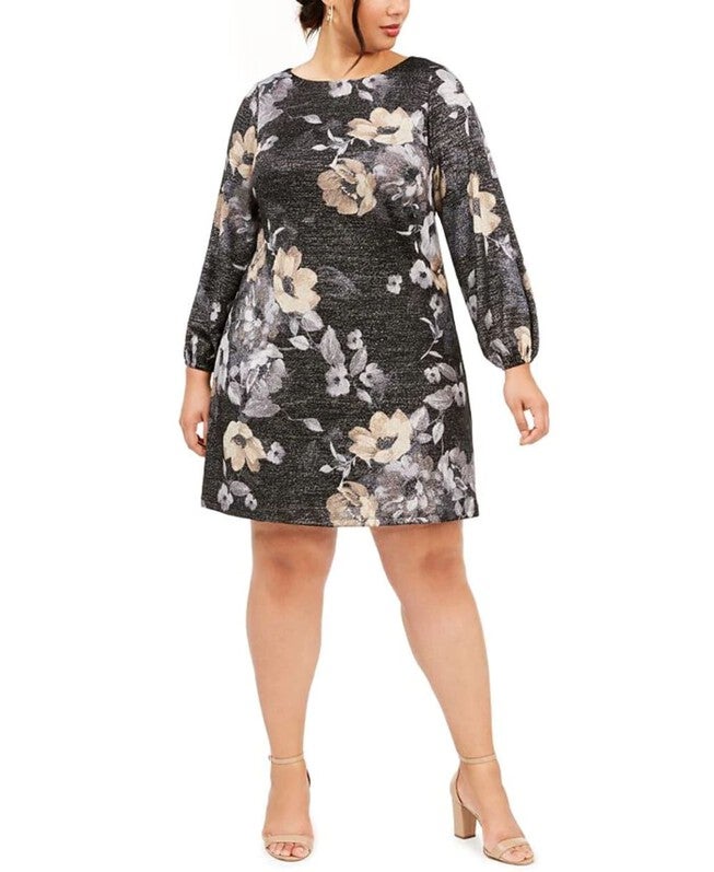 Jessica Howard Women's Plus Metallic Floral Print a Line Dress Silver Size 14W, Gray / Charcoal Grey, hi-res image number 0